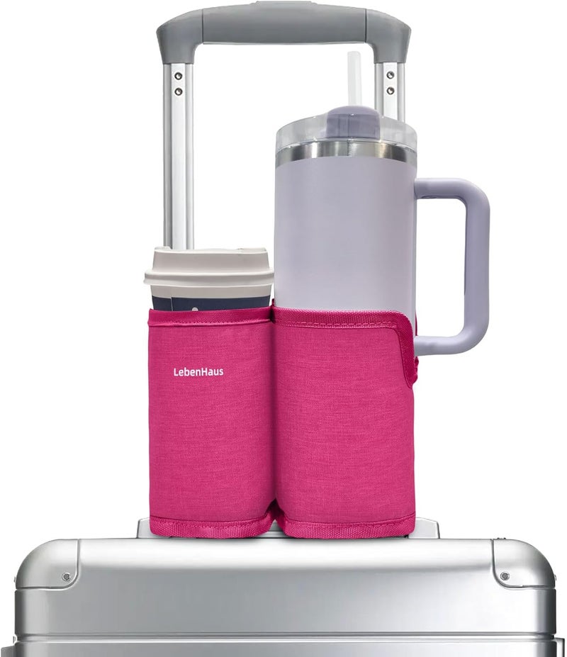 LebenHaus 2 in 1 Luggage Cup Holder for Suitcase|Airplane Tray Table Carry on Hands Free Drink Carrier for Stanley Tumblers Coffee Beverage Organizer (Pink) - Image 1